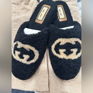 Gucci Black Fuzzy Slip-On Mules with Tan Leather Soles